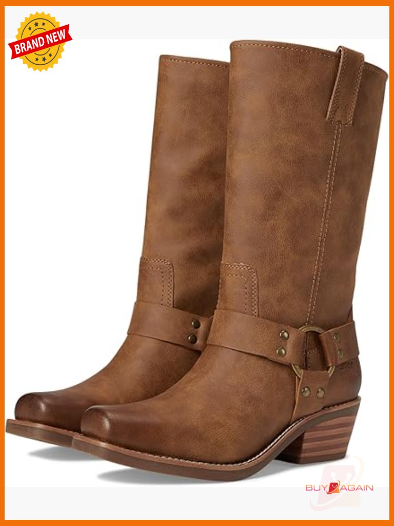 Harness Motorcycle Boots Square Toe Block Heel Pull-On Mid-Calf Vegan Leather